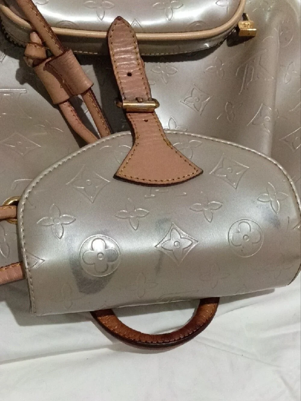 Louis Vuitton Metallic Taupe Drawstring Monogram Backpack with Tan Trim